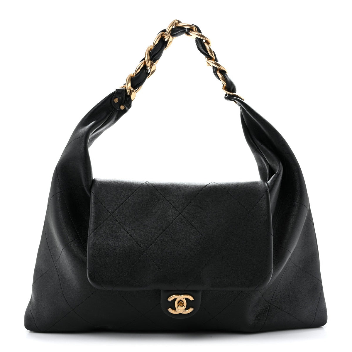 Shiny Calfskin Quilted Maxi Chain Hobo Black