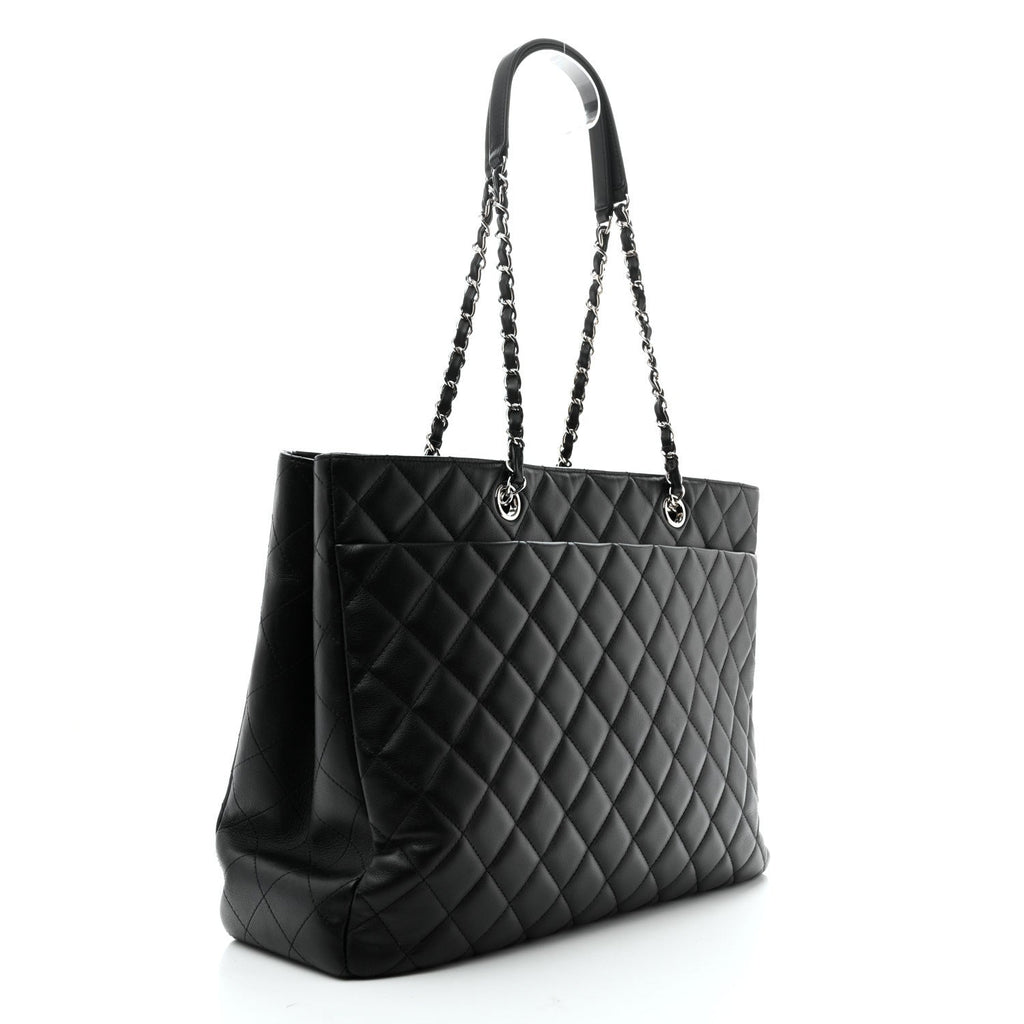 Calfskin Quilted Large Classic Shopping Tote  Black