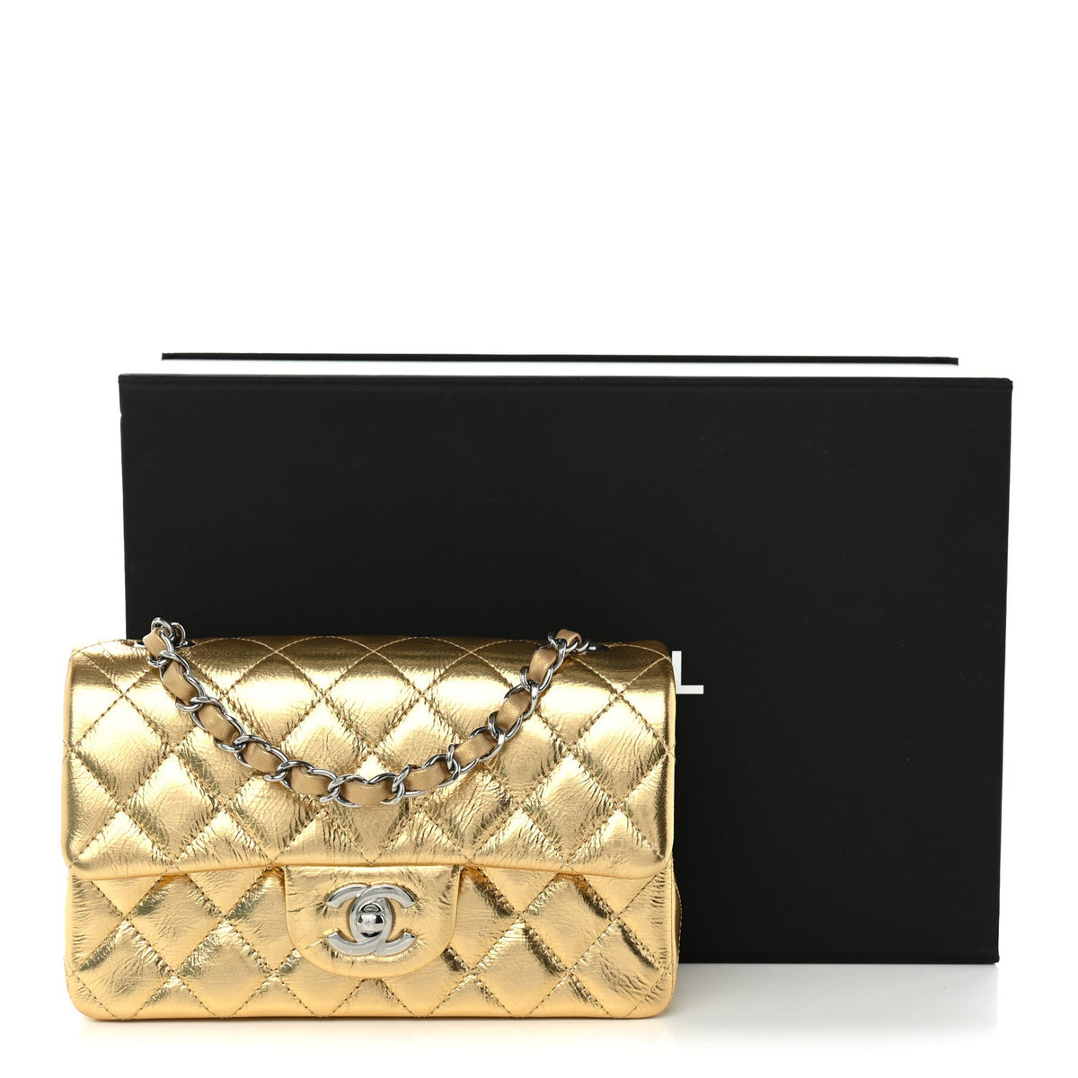 Metallic Crumpled Calfskin Quilted Mini Rectangular Flap Gold