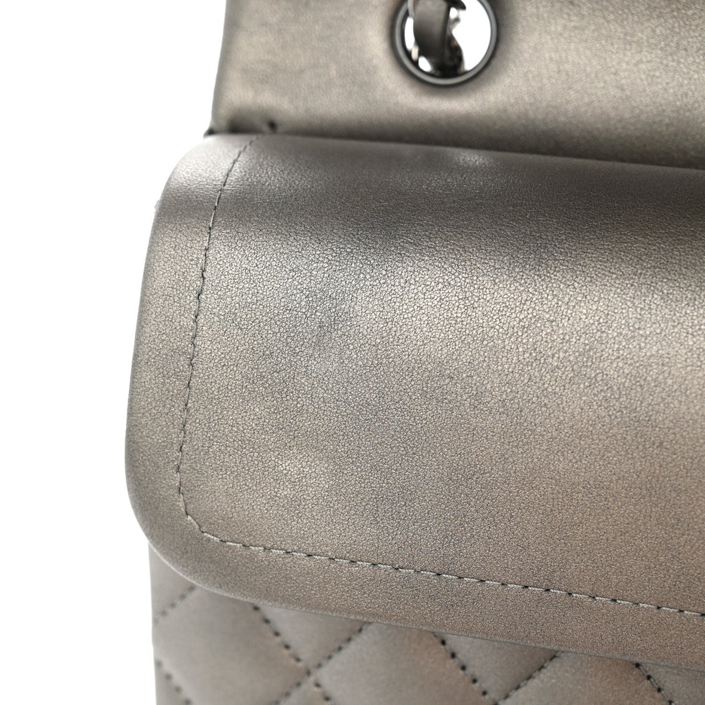 Metallic Calfskin Quilted Medium Double Flap Ruthenium