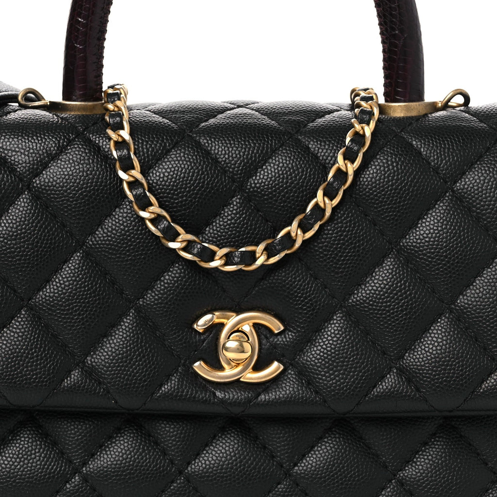 Caviar Lizard Embossed Quilted Mini Coco Handle Flap Black