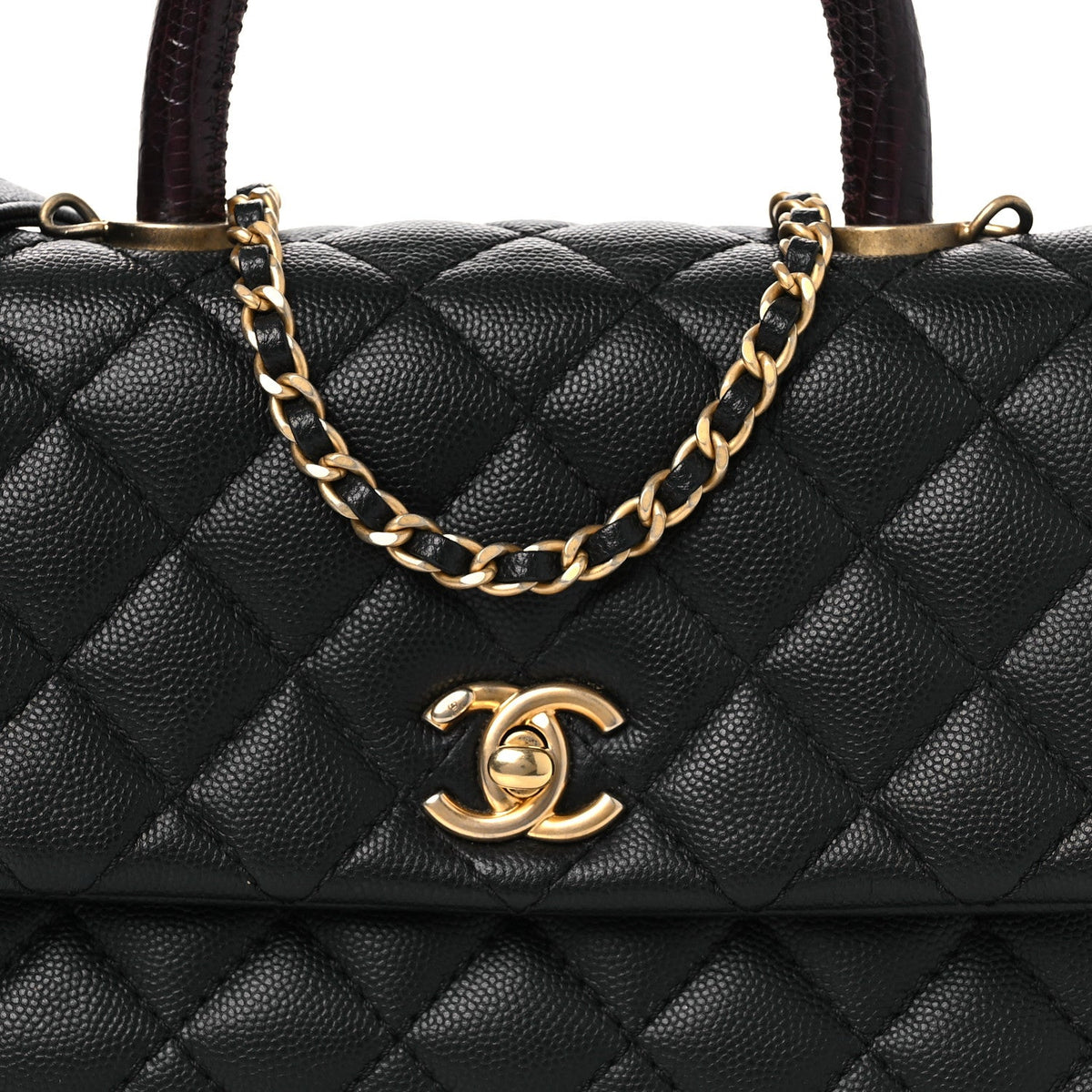 Caviar Lizard Embossed Quilted Mini Coco Handle Flap Black