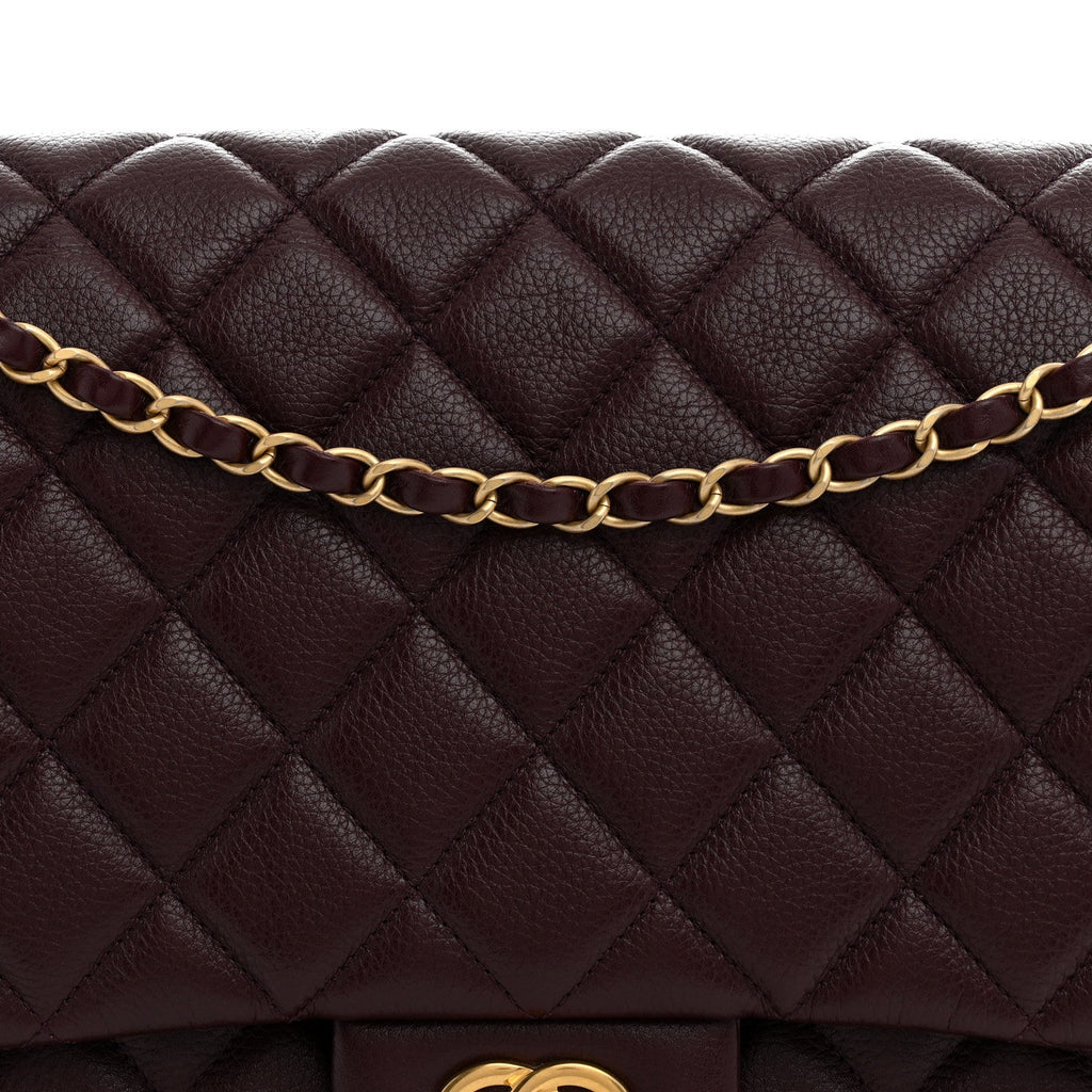 Grained Calfskin Quilted XXL Travel Flap Bag Burgundy