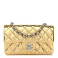 Metallic Crumpled Calfskin Quilted Mini Rectangular Flap Gold