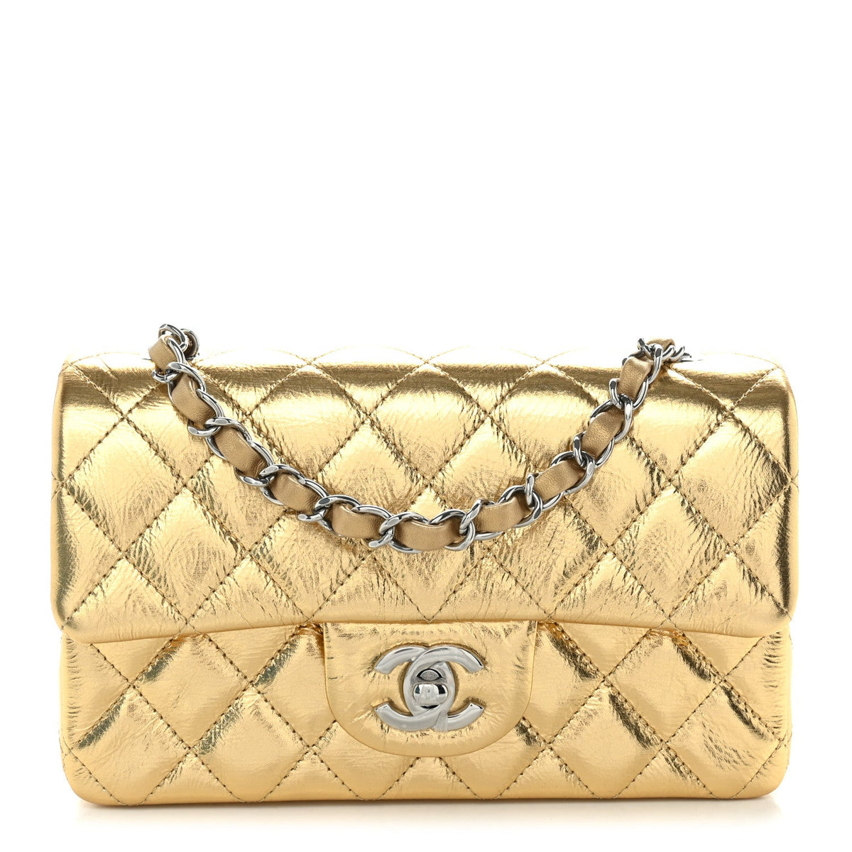 Metallic Crumpled Calfskin Quilted Mini Rectangular Flap Gold