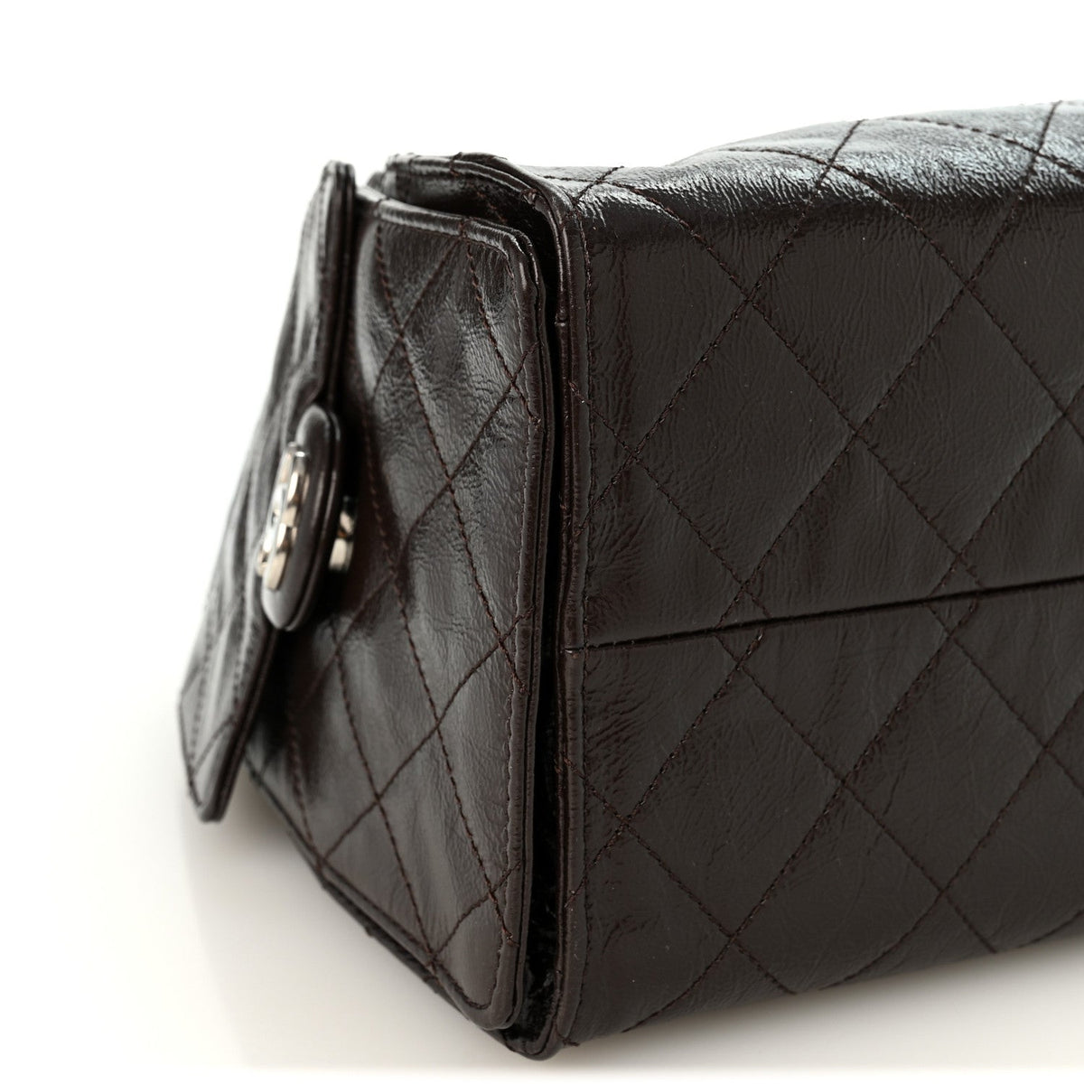 Shiny Crumpled Calfskin Quilted Small Chanel 25 Handbag Dark Brown