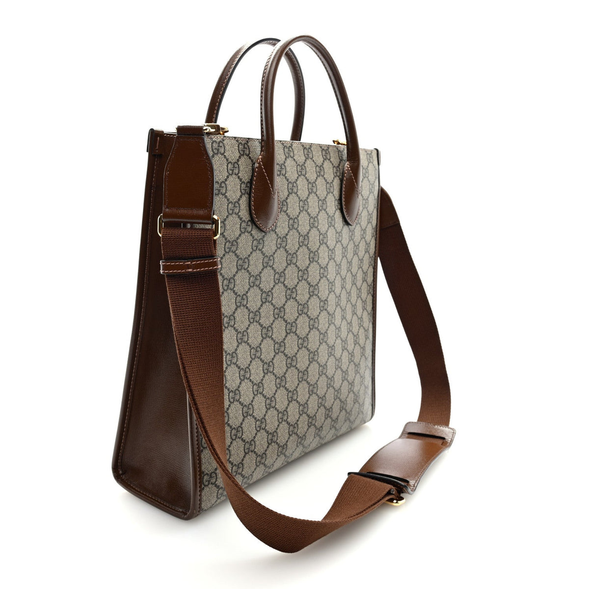 GG Supreme Monogram Textured Dollar Calfskin Web Small Retro Interlocking G Vertical Tote Bag Beige Ebony Brown Sugar