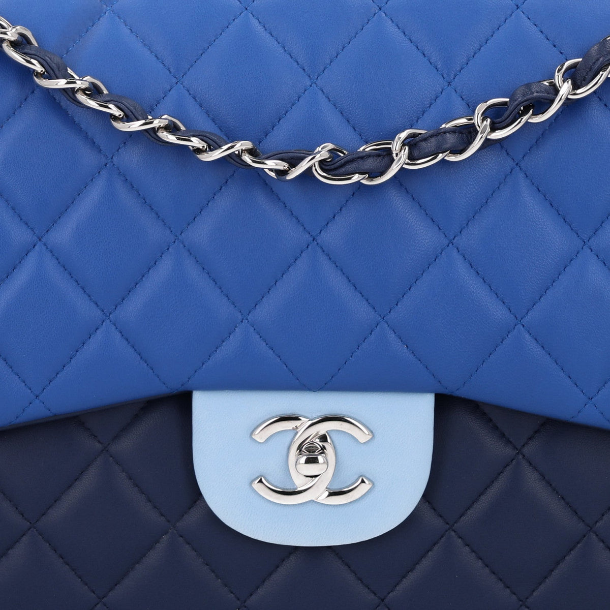 Lambskin Quilted Tri-Color Jumbo Double Flap Blue
