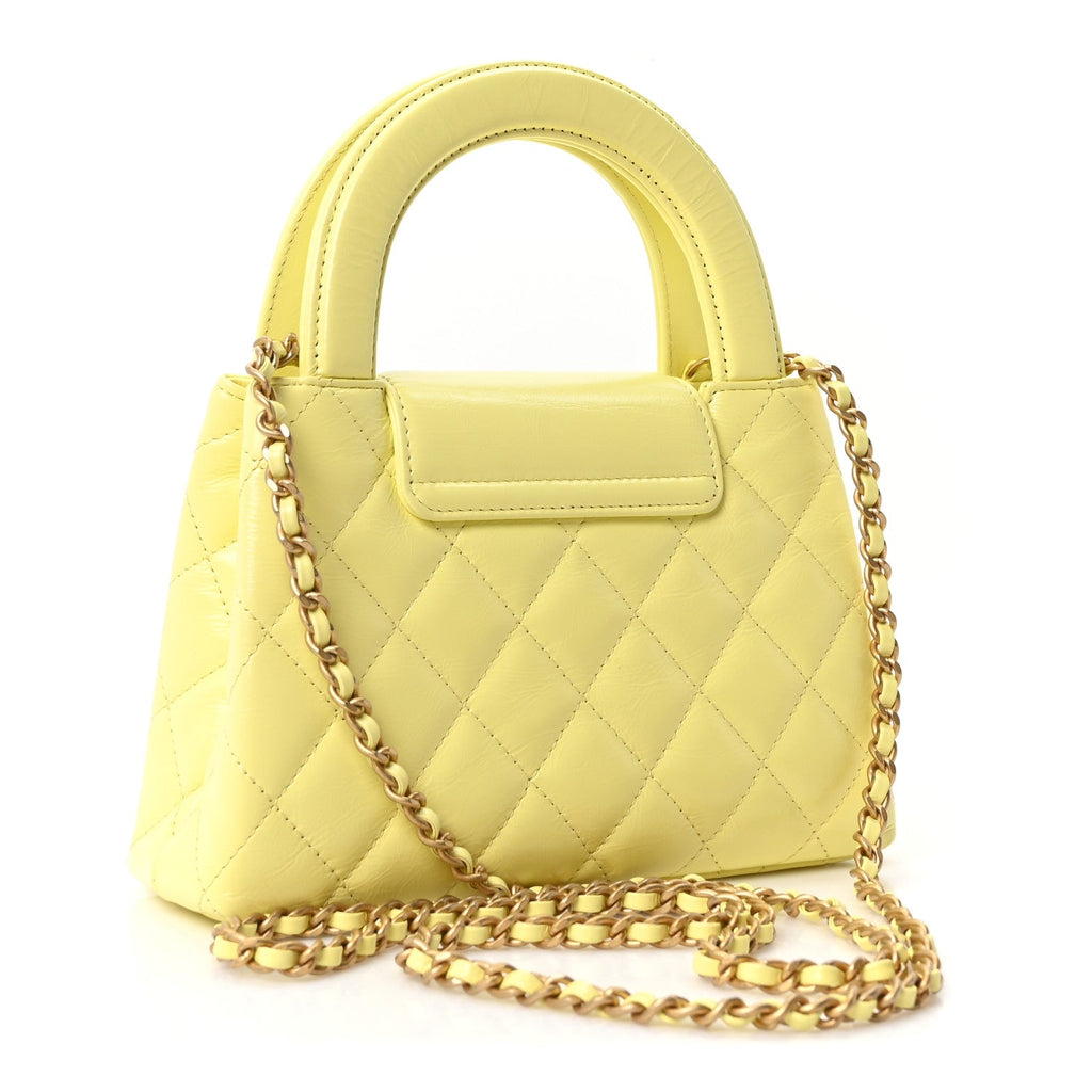 Shiny Aged Calfskin Quilted Nano Kelly Shopper Light Yellow