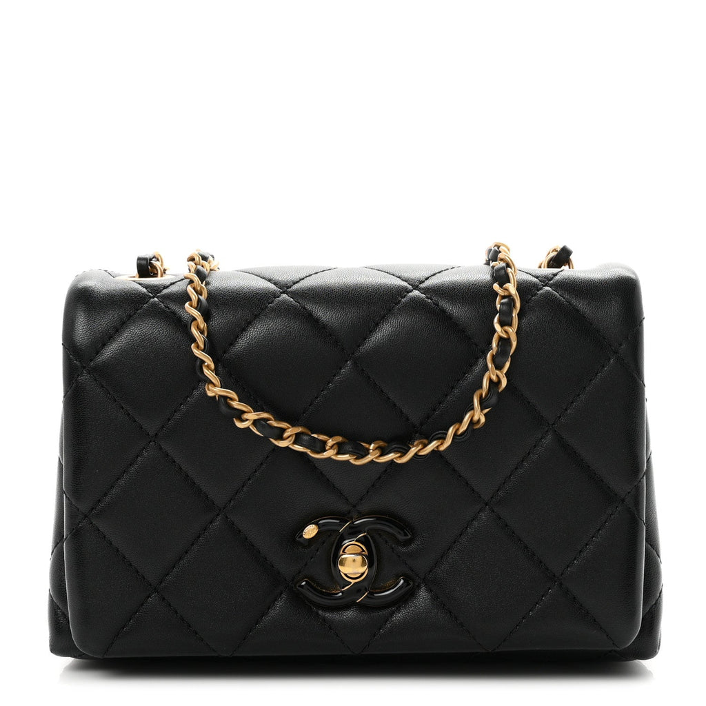 Shiny Lambskin Quilted Enamel CC Mini Flap Black
