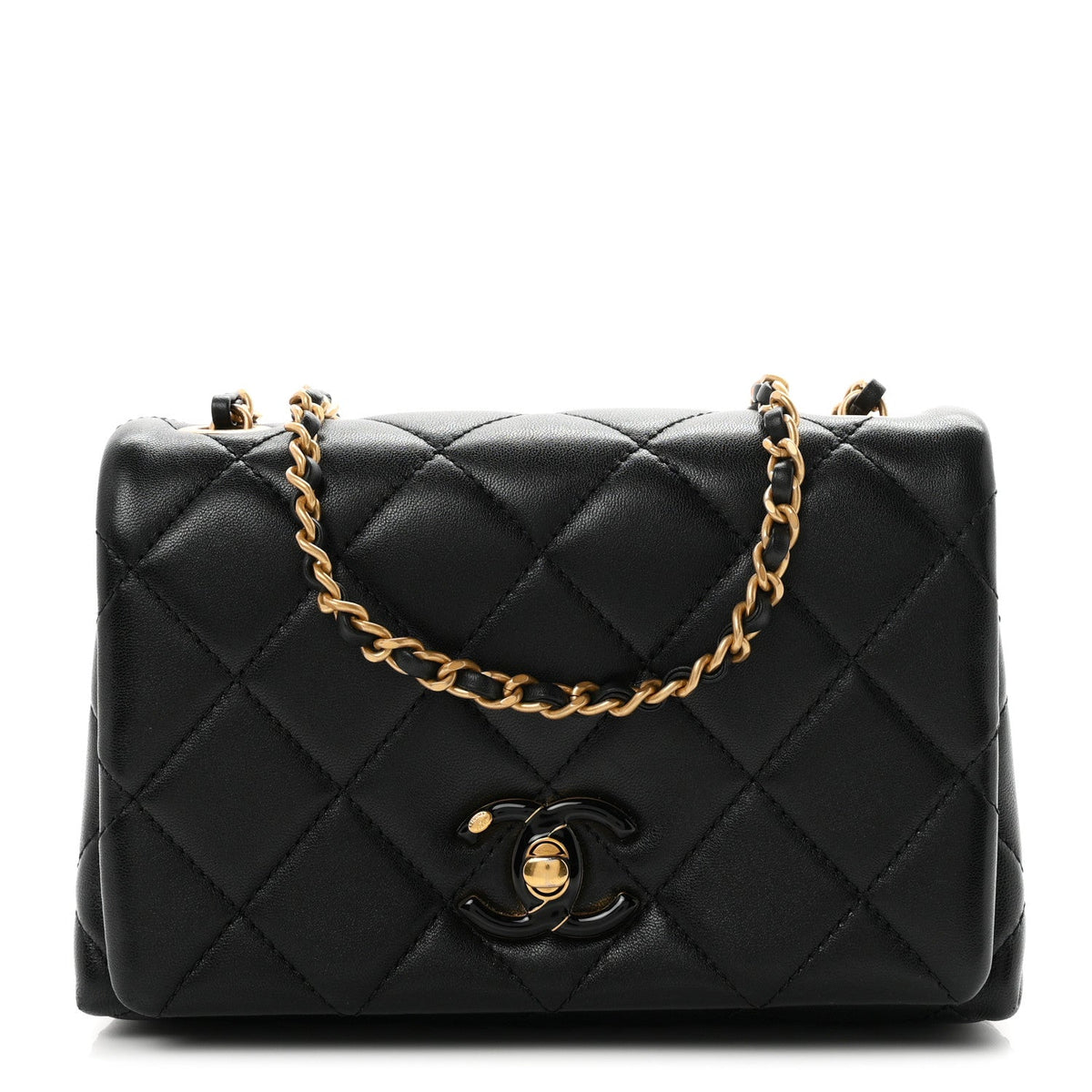 Shiny Lambskin Quilted Enamel CC Mini Flap Black