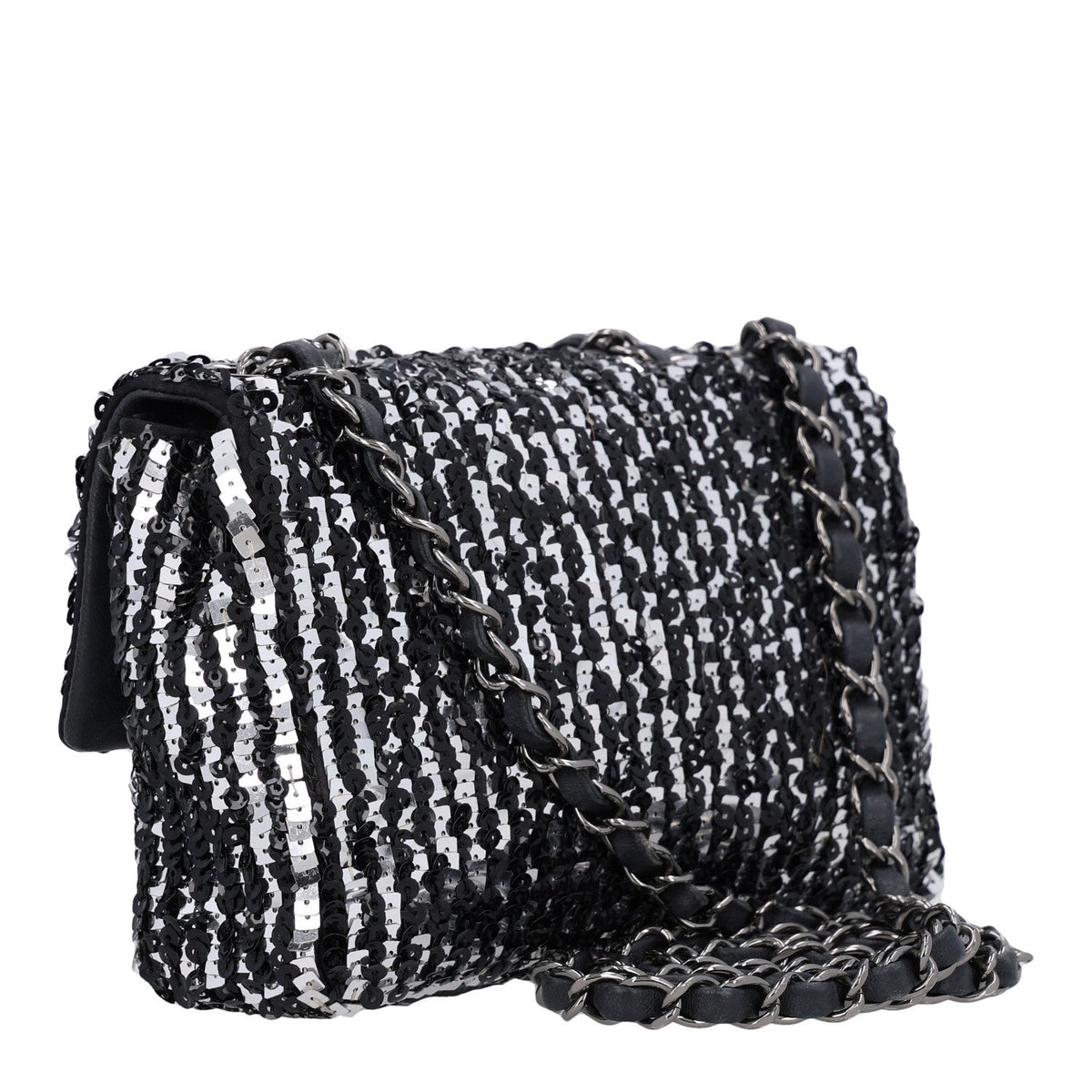 Sequin Lambskin Small Flap Black Silver