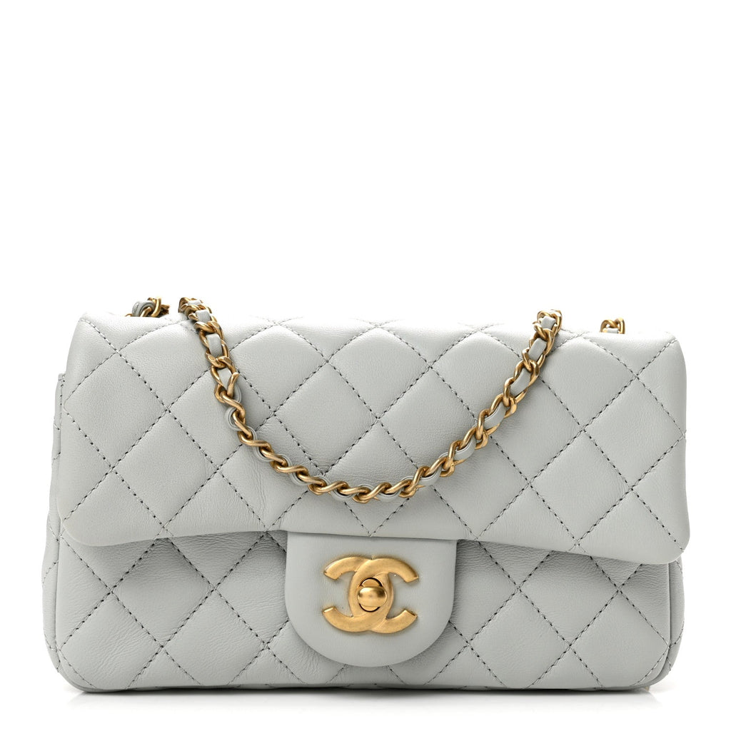 Lambskin Quilted Mini Rectangular Pearl Crush Flap Grey