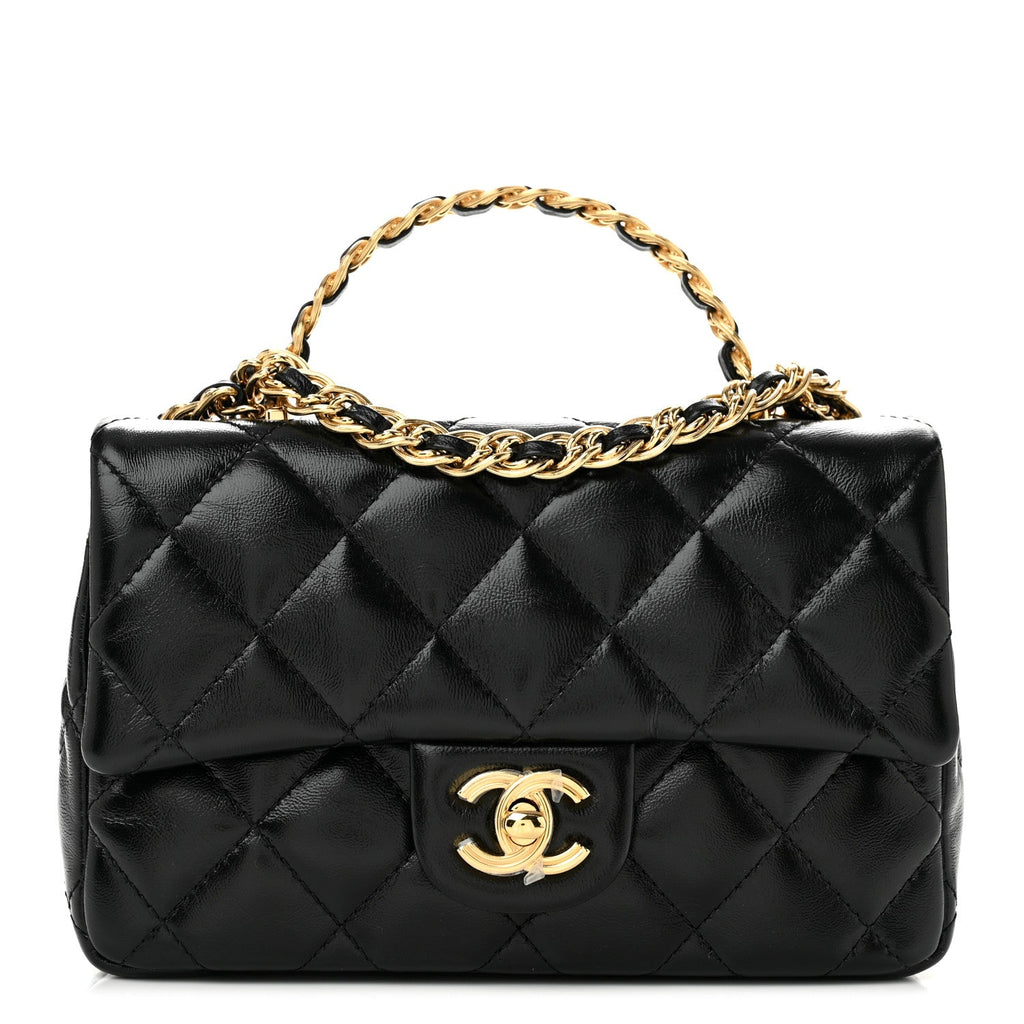 Shiny Lambskin Quilted Golden Links Top Handle Flap Black