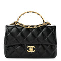 Shiny Lambskin Quilted Golden Links Top Handle Flap Black