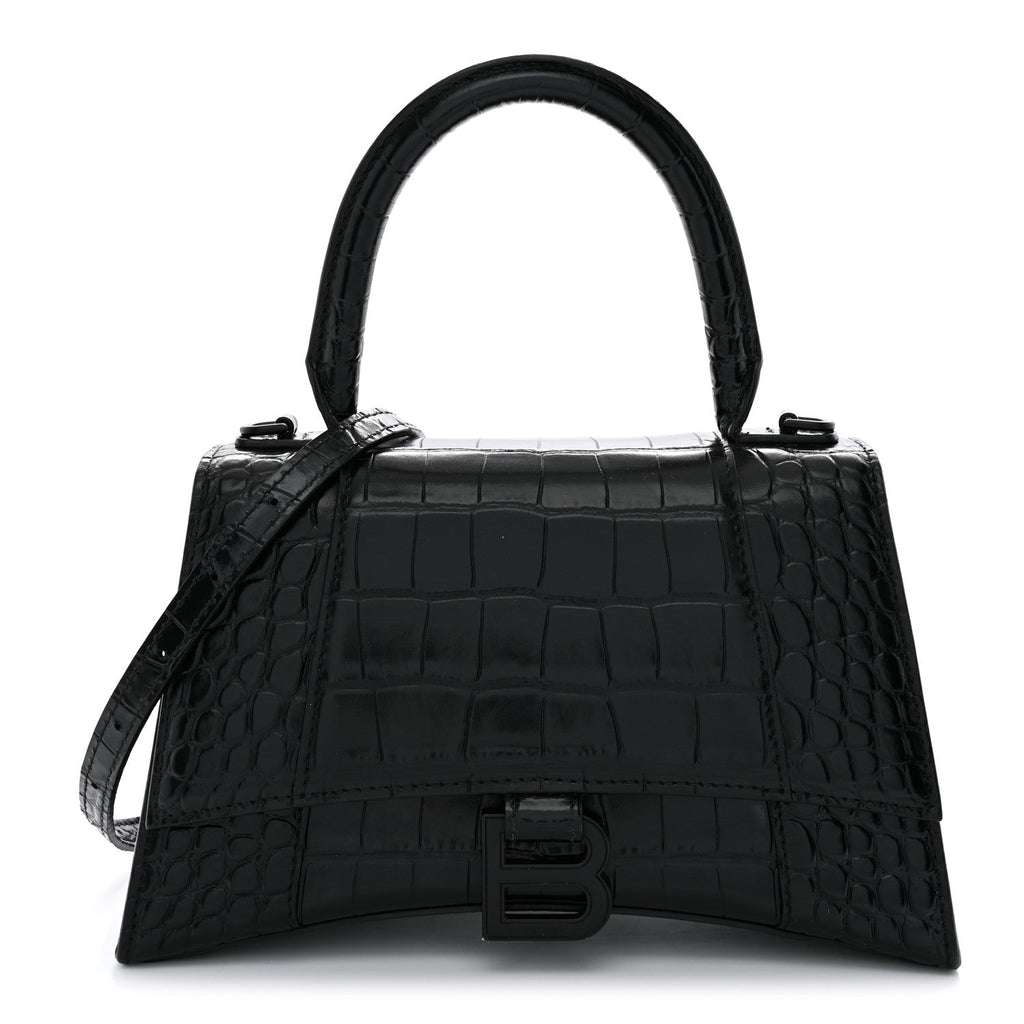 Shiny Calfskin Monochrome Crocodile Embossed Small Hourglass Top Handle Bag Black