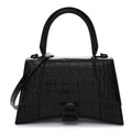 Shiny Calfskin Monochrome Crocodile Embossed Small Hourglass Top Handle Bag Black