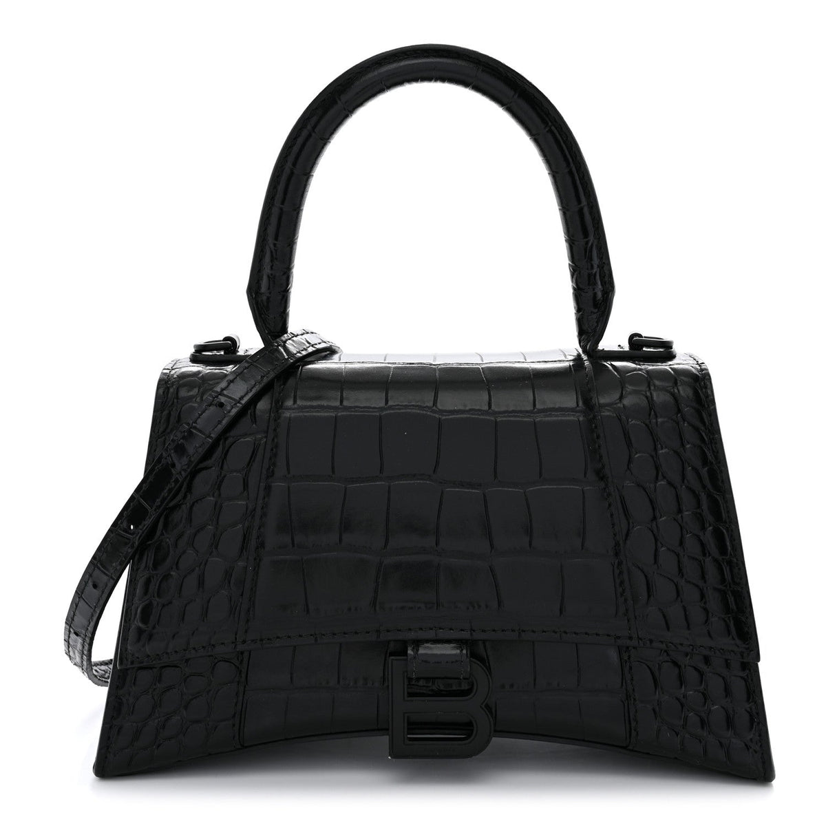 Shiny Calfskin Monochrome Crocodile Embossed Small Hourglass Top Handle Bag Black