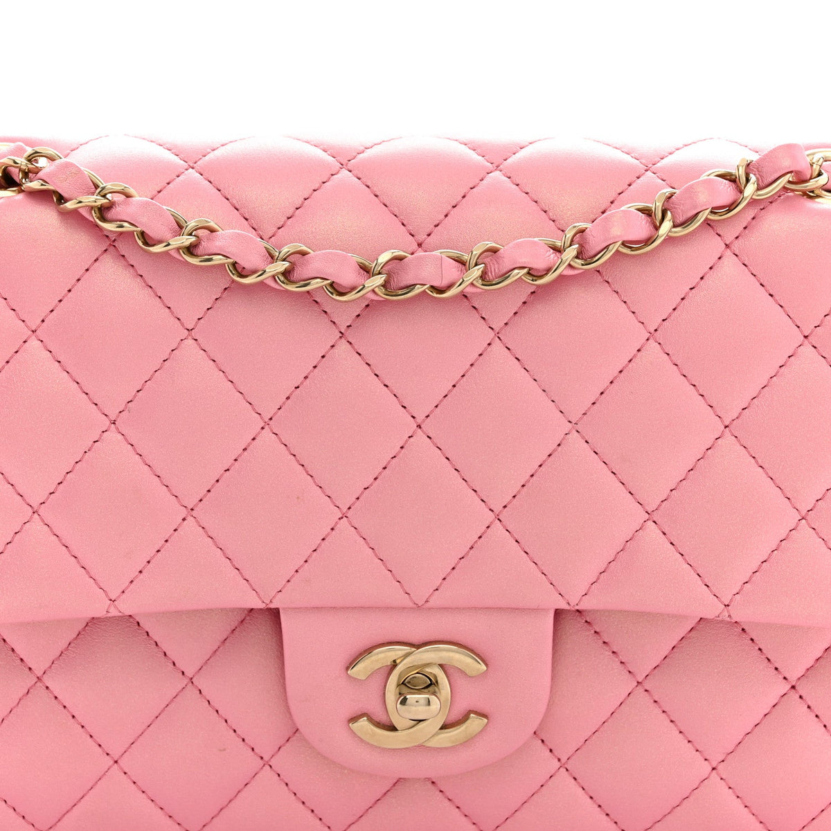 Iridescent Calfskin Quilted Medium Double Flap Pink