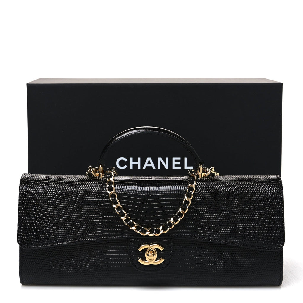 Calfskin Lizard Embossed Top Handle Long Clutch With Chain Black