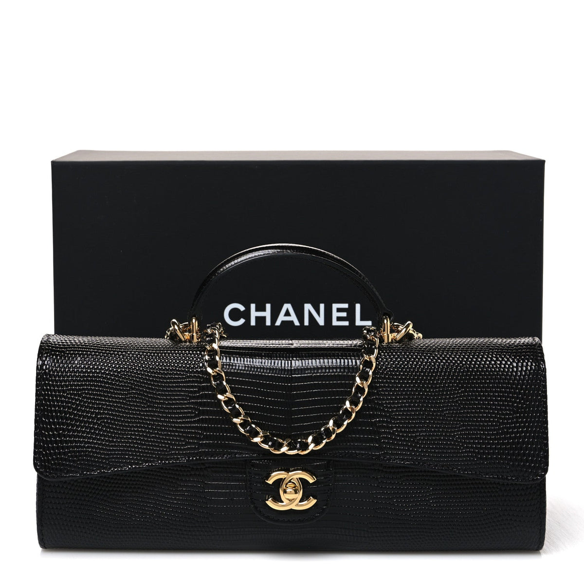 Calfskin Lizard Embossed Top Handle Long Clutch With Chain Black