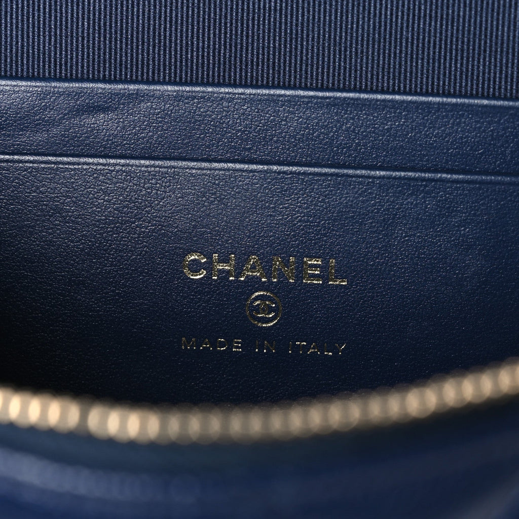 Caviar Quilted Top Handle Slim Vanity With Chain Navy