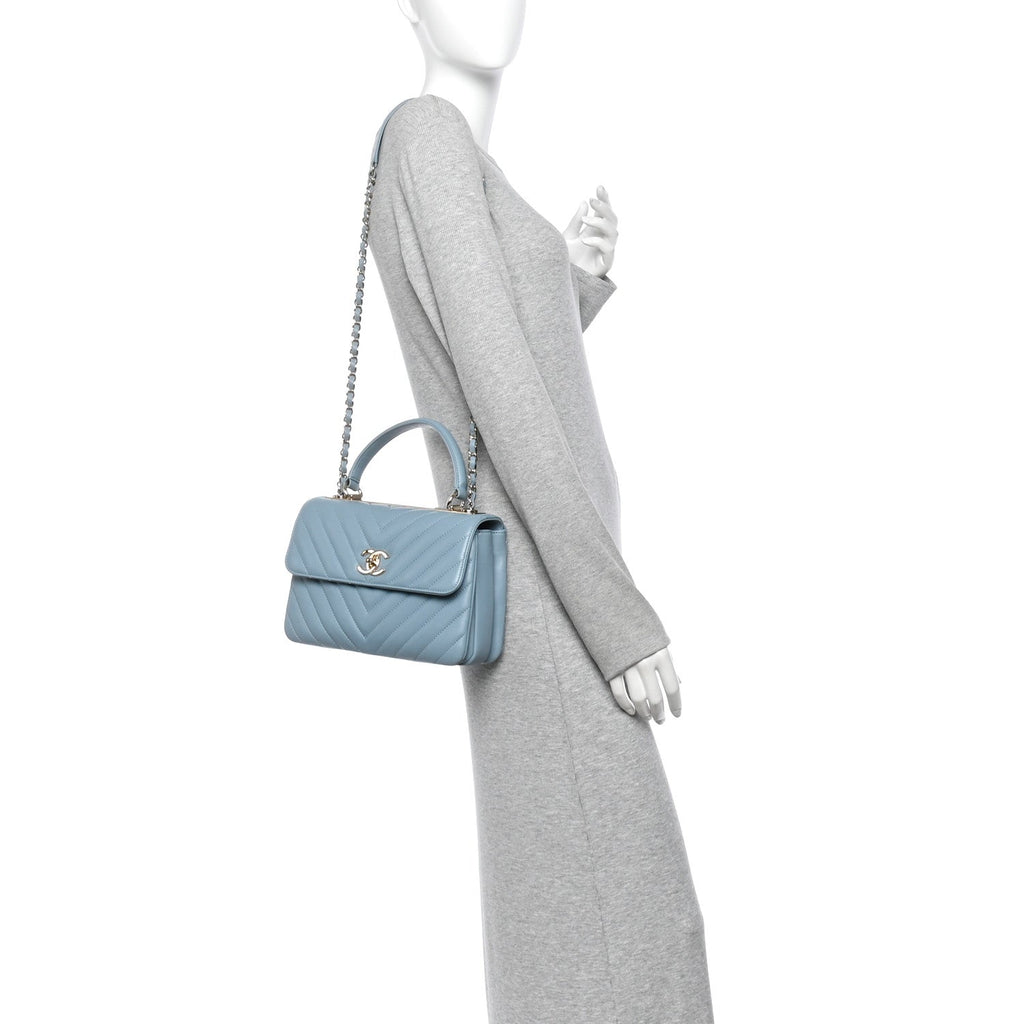 Lambskin Chevron Quilted Small Trendy CC Flap Dual Handle Bag Blue