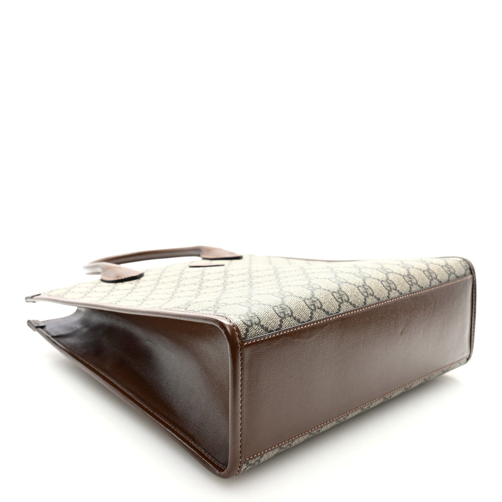 GG Supreme Monogram Textured Dollar Calfskin Web Small Retro Interlocking G Vertical Tote Bag Beige Ebony Brown Sugar