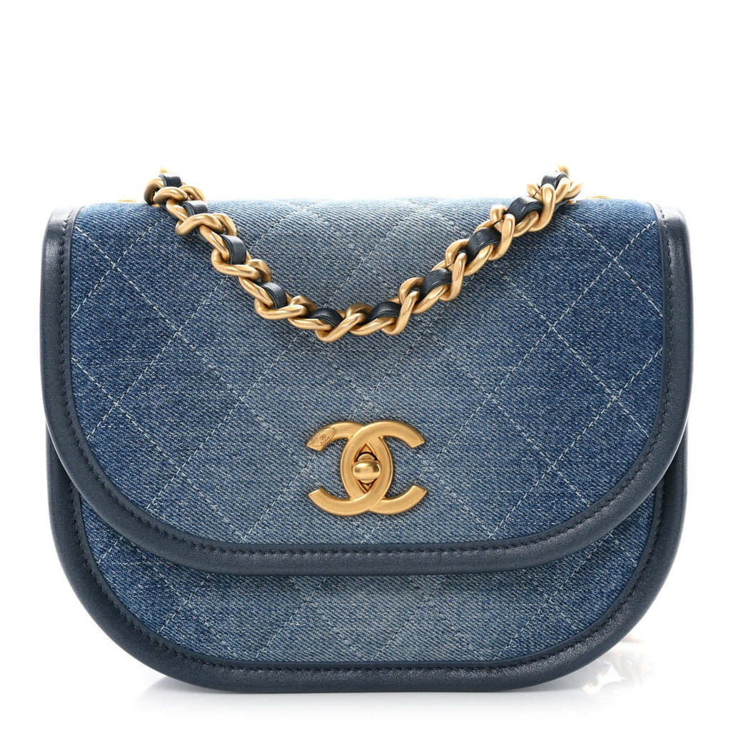 Washed Denim Quilted Small Messenger Flap Blue