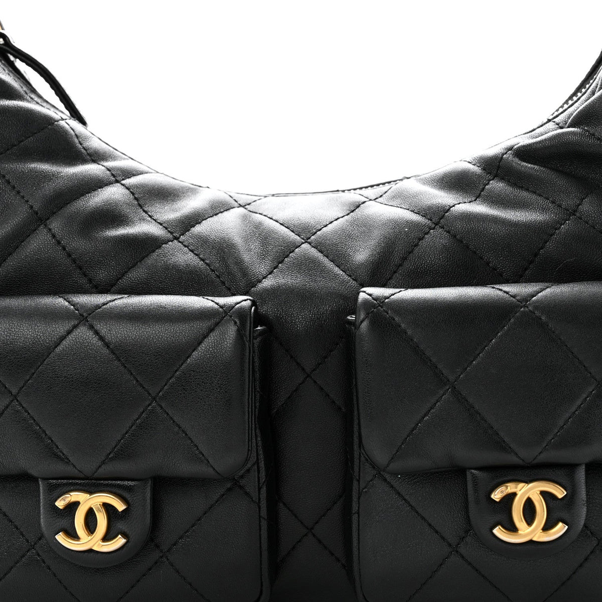 Shiny Lambskin Quilted Large Trendy Pockets Hobo Black