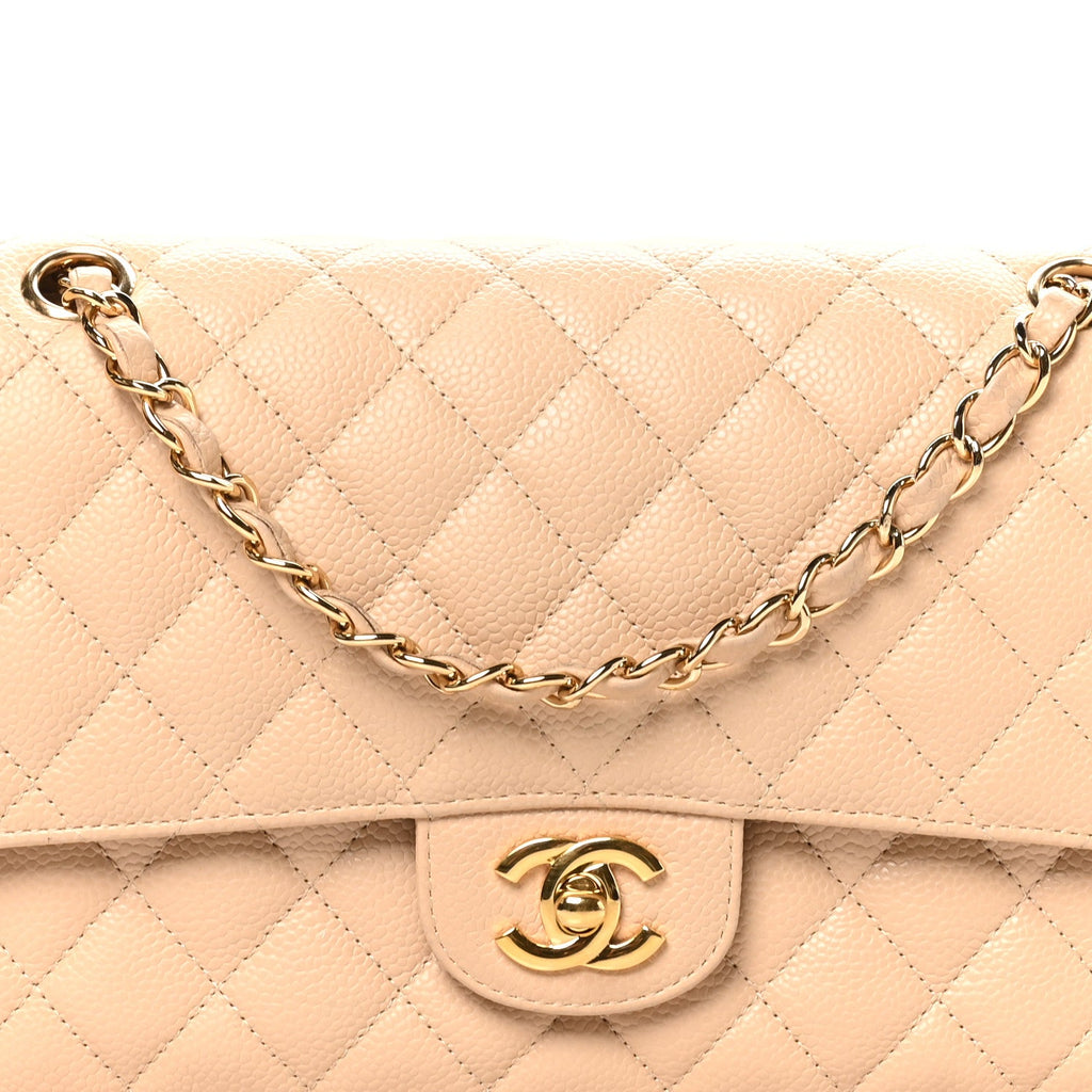 Caviar Quilted Medium Double Flap Beige