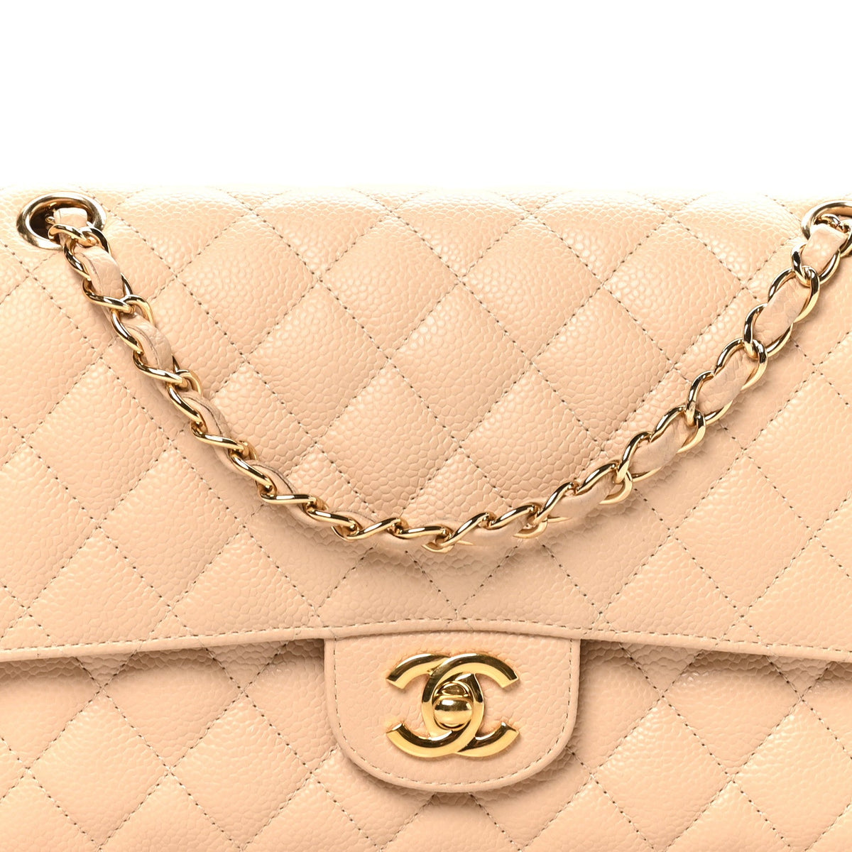 Caviar Quilted Medium Double Flap Beige