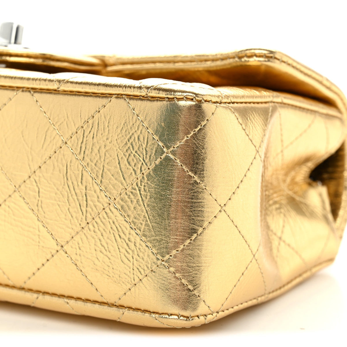 Metallic Crumpled Calfskin Quilted Mini Rectangular Flap Gold