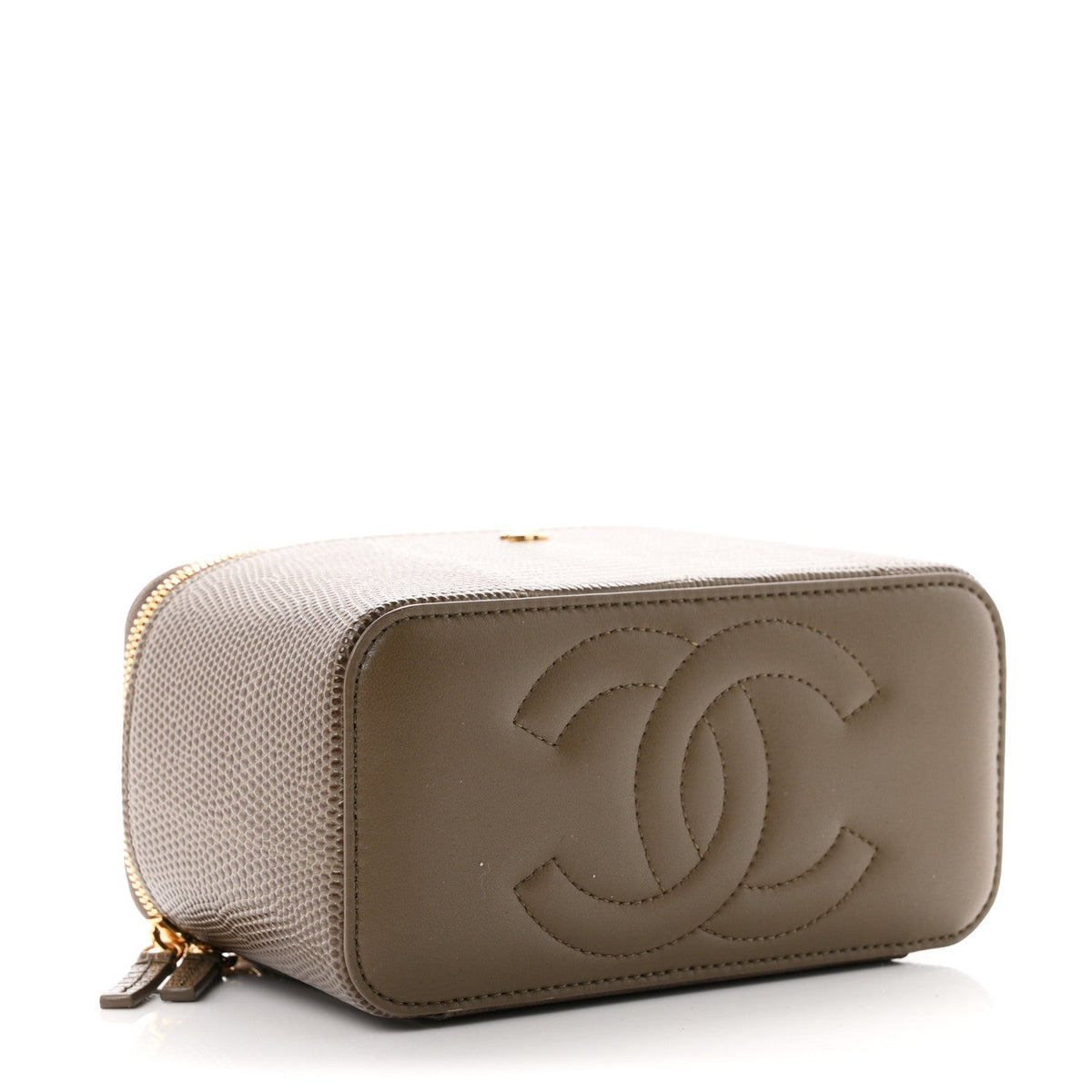 Calfskin Lizard Embossed Top Handle Vanity With Chain Dark Khaki