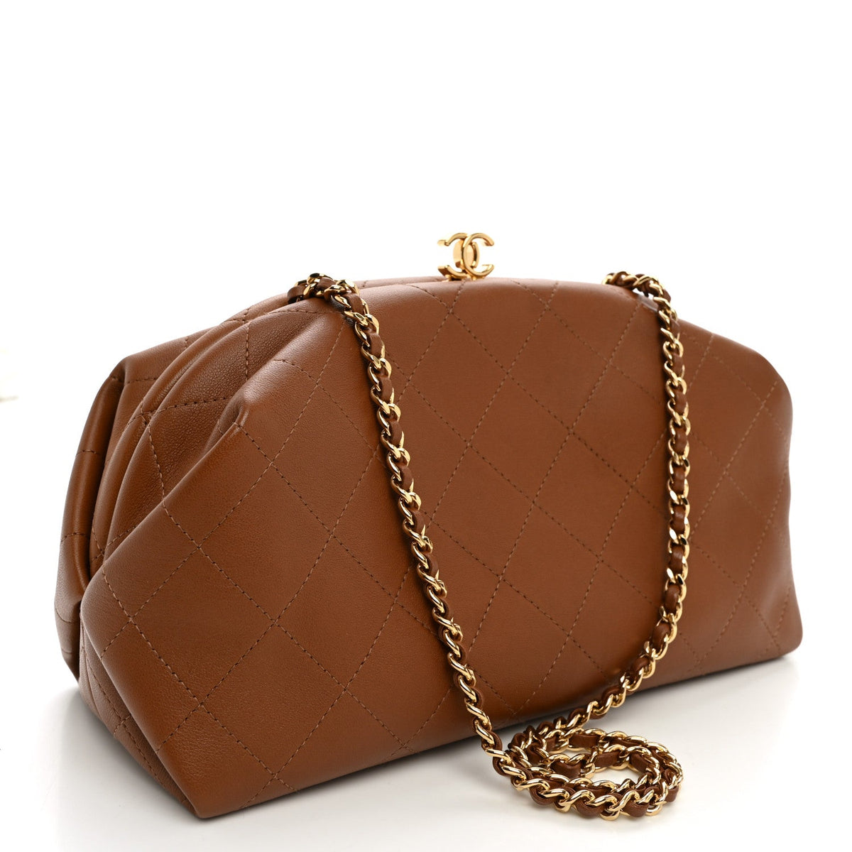 Lambskin Stitched Clutch With Chain Brown