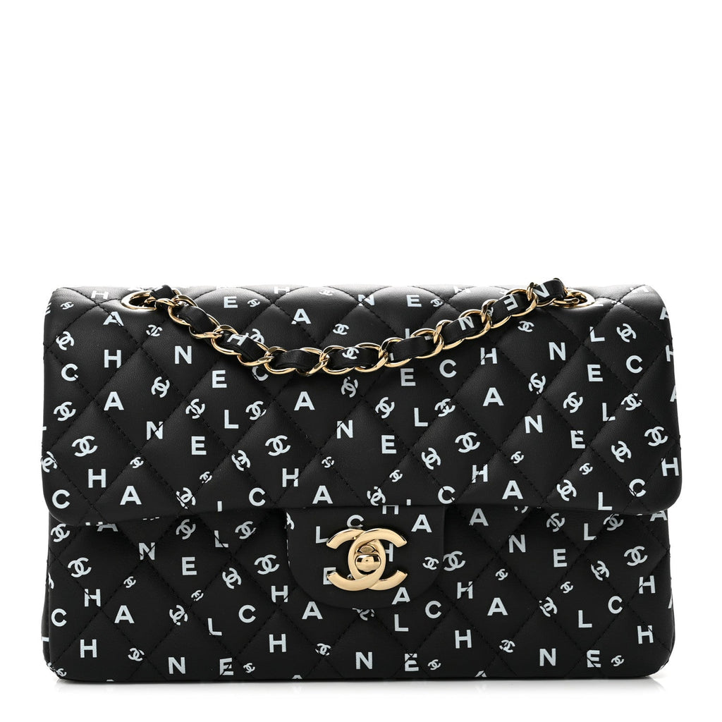 Calfskin Quilted Logo CC Printed Small Double Flap Black White