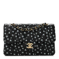 Calfskin Quilted Logo CC Printed Small Double Flap Black White