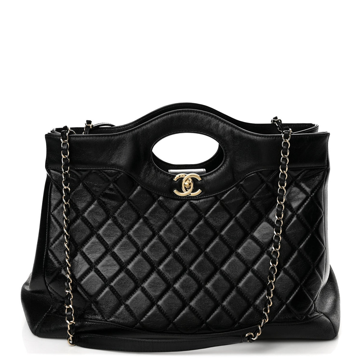 Shiny Lambskin Quilted Large 31 Shopping Bag Black
