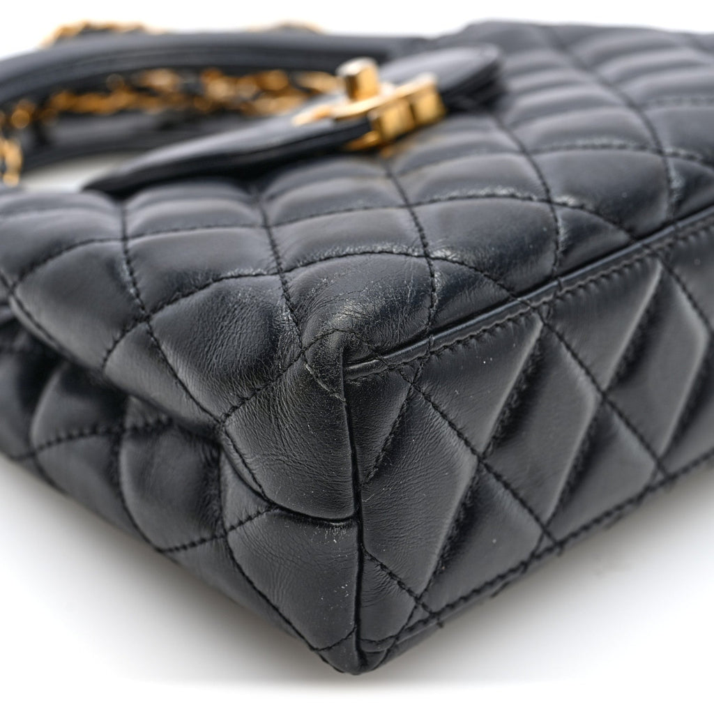 Shiny Aged Calfskin Quilted Mini Kelly Shopper Black