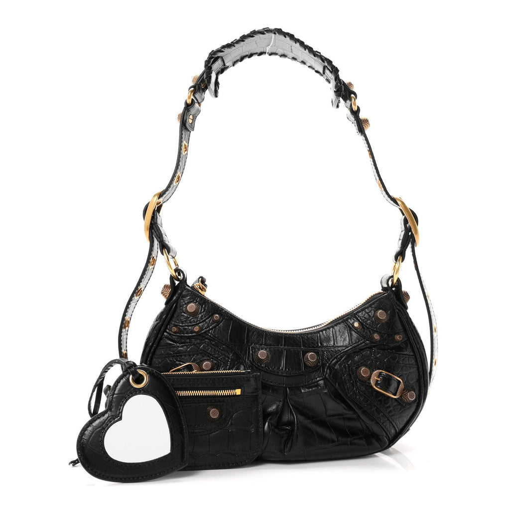 Extra Supple Calfskin Crocodile Embossed Le Cagole Shoulder Bag XS Black