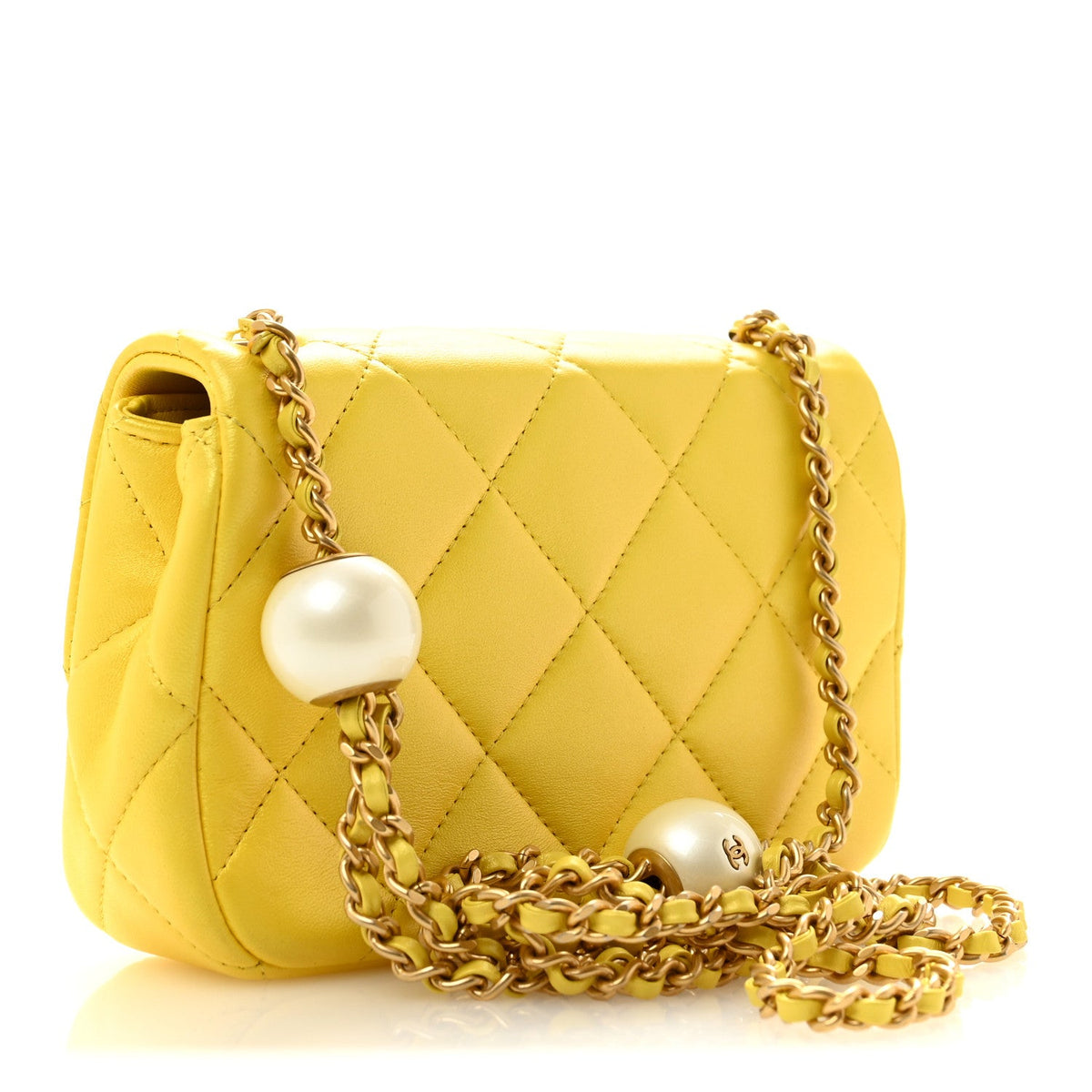 Pearly Lambskin Pearl Quilted Mini Flap Yellow