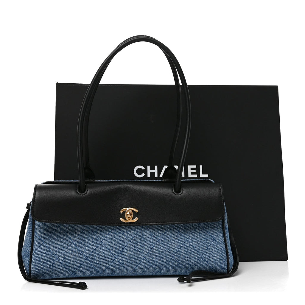 Calfskin Denim Stitched Urban Essentials Small Shopping Bag Blue Black