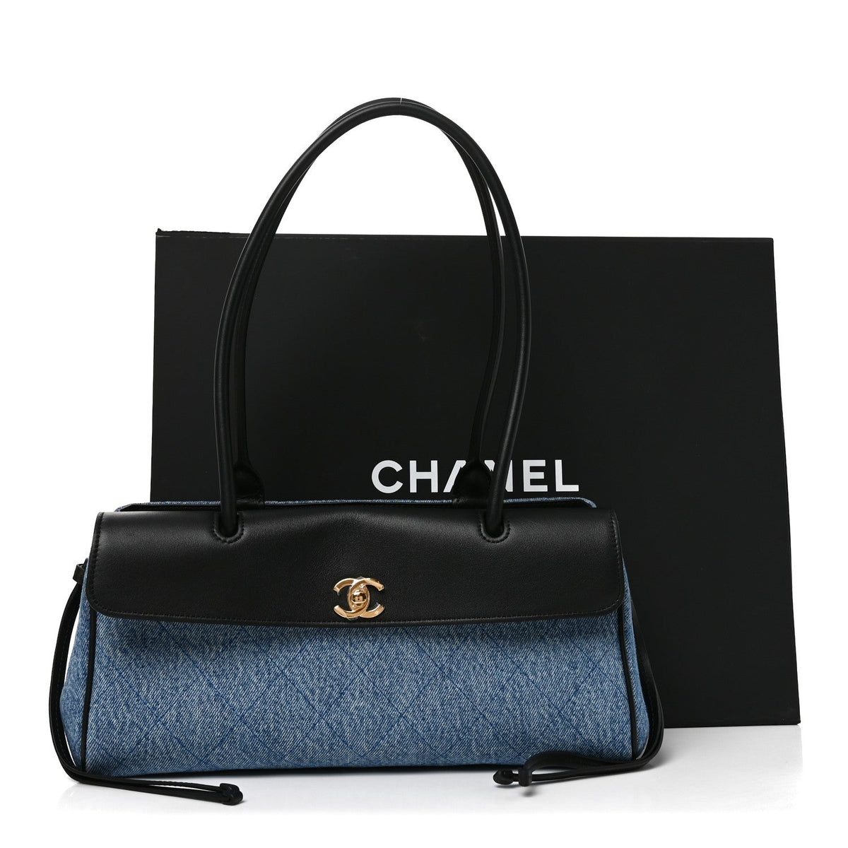 Calfskin Denim Stitched Urban Essentials Small Shopping Bag Blue Black