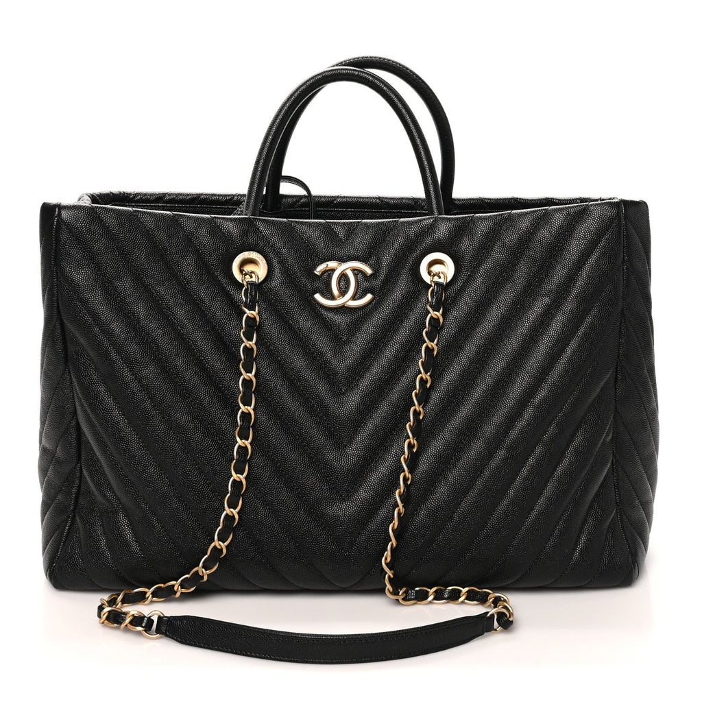 Caviar Chevron Quilted Coco Handle Shopping Tote Black