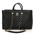 Caviar Chevron Quilted Coco Handle Shopping Tote Black