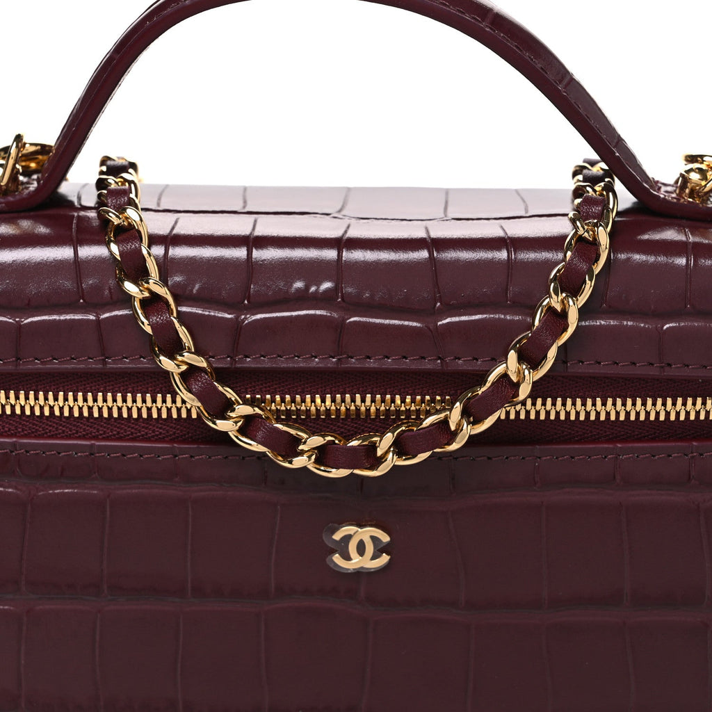 Calfskin Crocodile Embossed Crococo Exoticoco Vanity With Chain Dark Burgundy