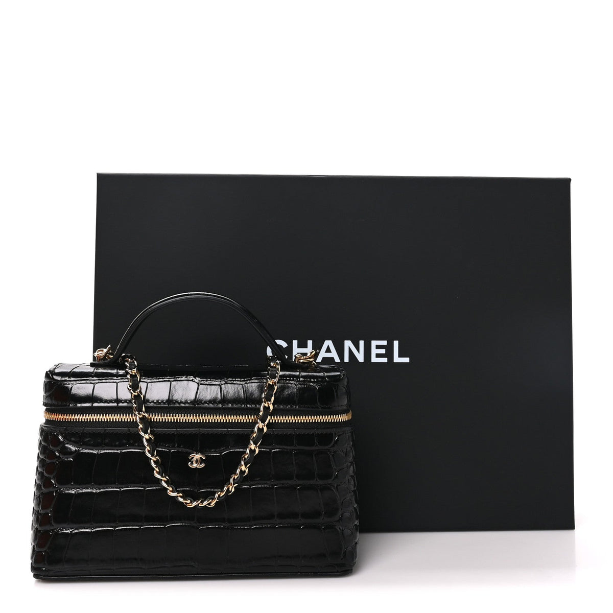 Calfskin Crocodile Embossed Crococo Exoticoco Vanity With Chain Black