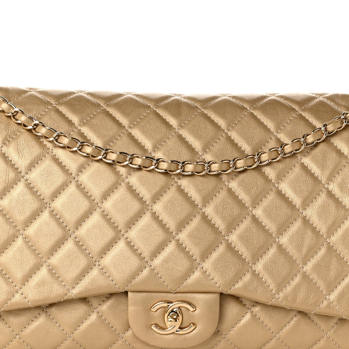 Metallic Calfskin Quilted Small XXL Travel Flap Bag Gold