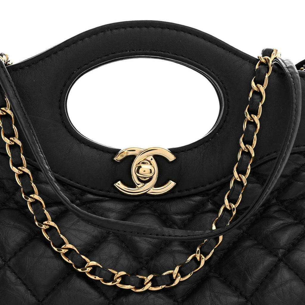 Aged Calfskin Quilted Mini 31 Shopping Bag Black