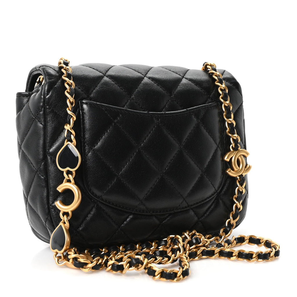 Lambskin Enamel Quilted Mini Coco Hearts Square Flap Black